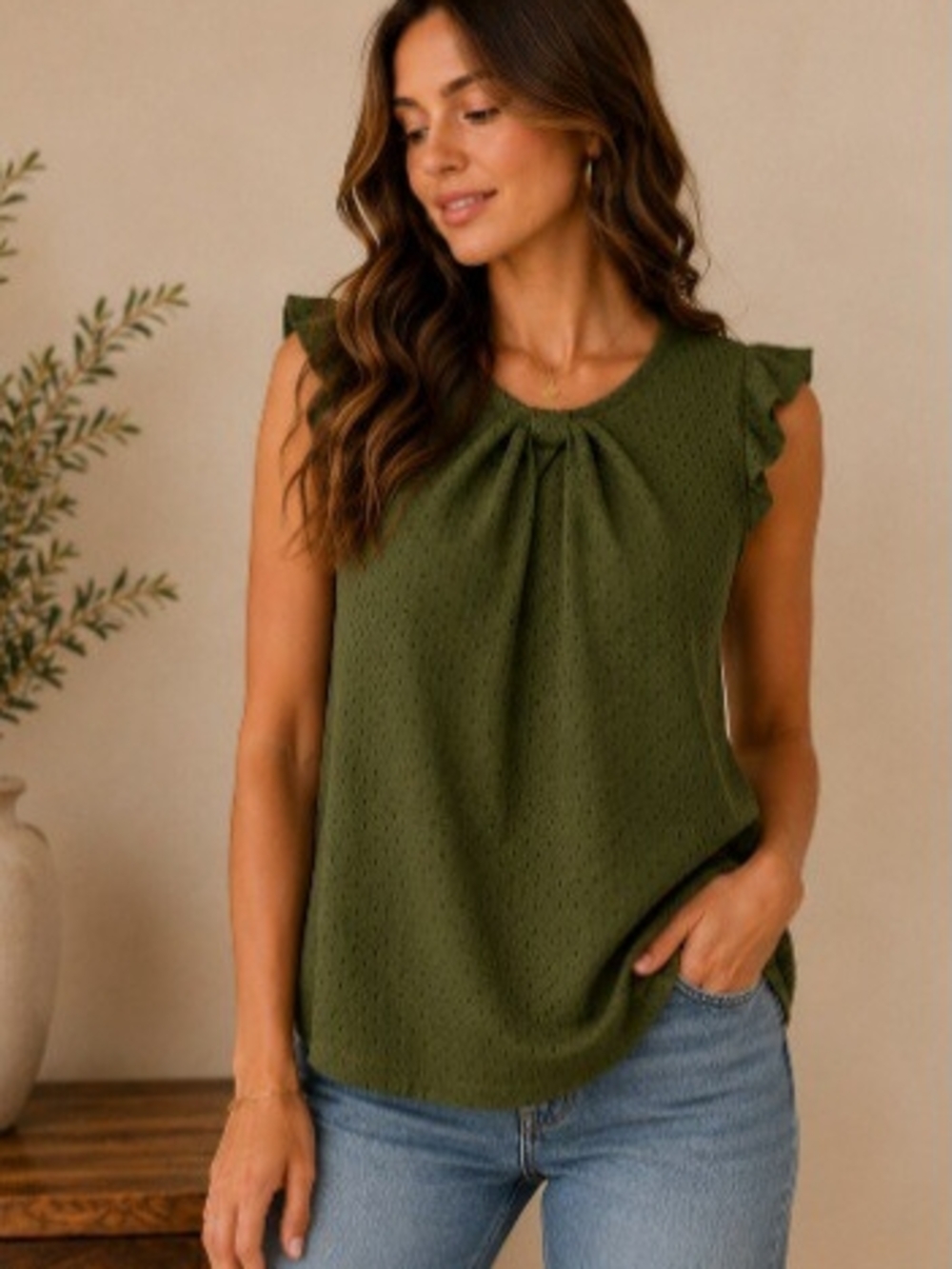 meraki Olive Green Ruffle Sleeve Eyelet Top
